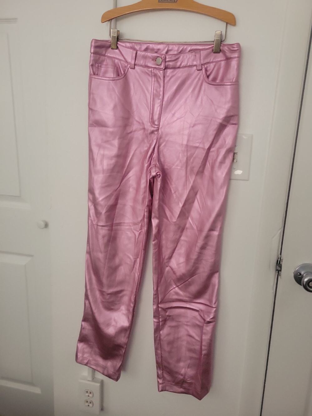 RACHEL ZOE LEATHERETTE FAUX LEATHER BARBIE BARBIECORE METALLIC PINK PANTS US 10